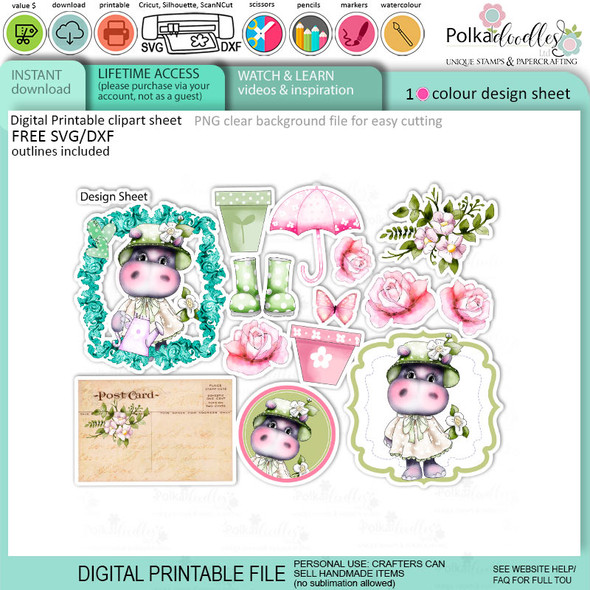 Helga Hippo Quick & easy design sheet template 6. Cute Print and Cut SVG Files for Cricut Silhouette Scan and Cut machines – for handmade cards, cardmaking, crafts