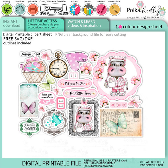 Helga Hippo Quick & easy design sheet template 7. Cute Print and Cut SVG Files for Cricut Silhouette Scan and Cut machines – for handmade cards, cardmaking, crafts