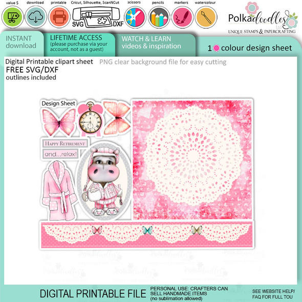 Helga Hippo Quick & easy design sheet template 8. Cute Print and Cut SVG Files for Cricut Silhouette Scan and Cut machines – for handmade cards, cardmaking, crafts