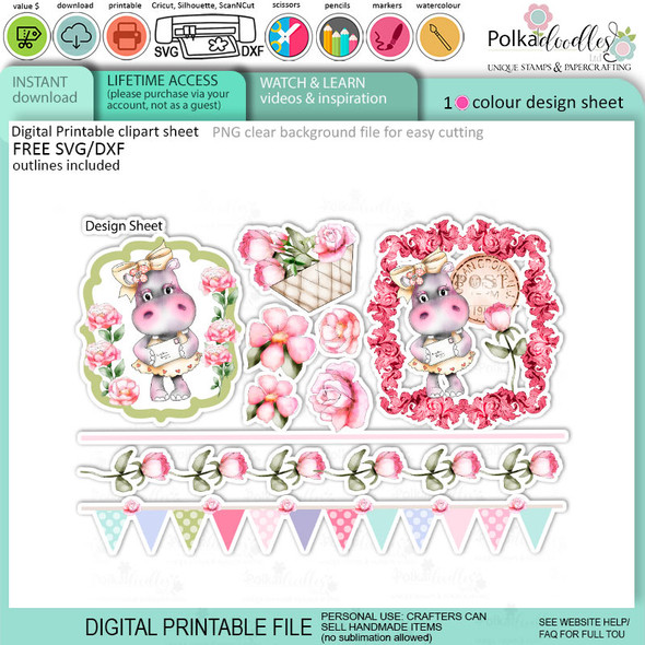 Helga Hippo Quick & easy design sheet template 9. Cute Print and Cut SVG Files for Cricut Silhouette Scan and Cut machines – for handmade cards, cardmaking, crafts