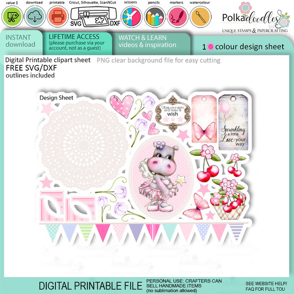 Helga Hippo Quick & easy design sheet template 16. Cute Print and Cut SVG Files for Cricut Silhouette Scan and Cut machines – for handmade cards, cardmaking, crafts