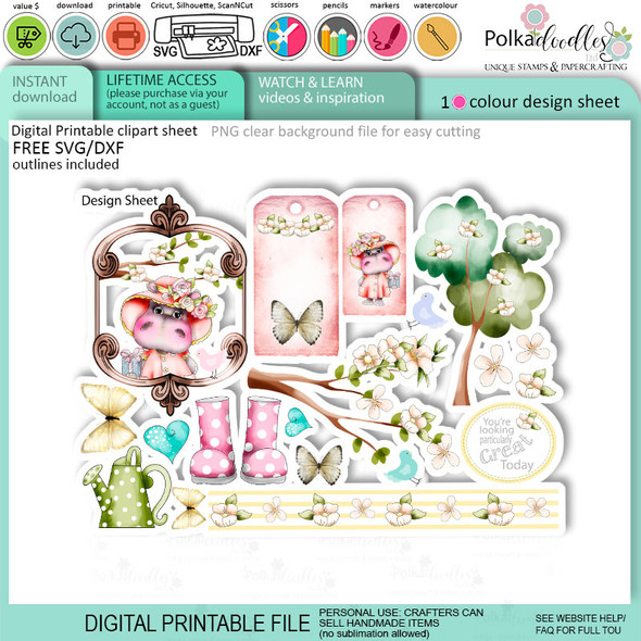 Helga Hippo Quick & easy design sheet template 18. Cute Print and Cut SVG Files for Cricut Silhouette Scan and Cut machines – for handmade cards, cardmaking, crafts
