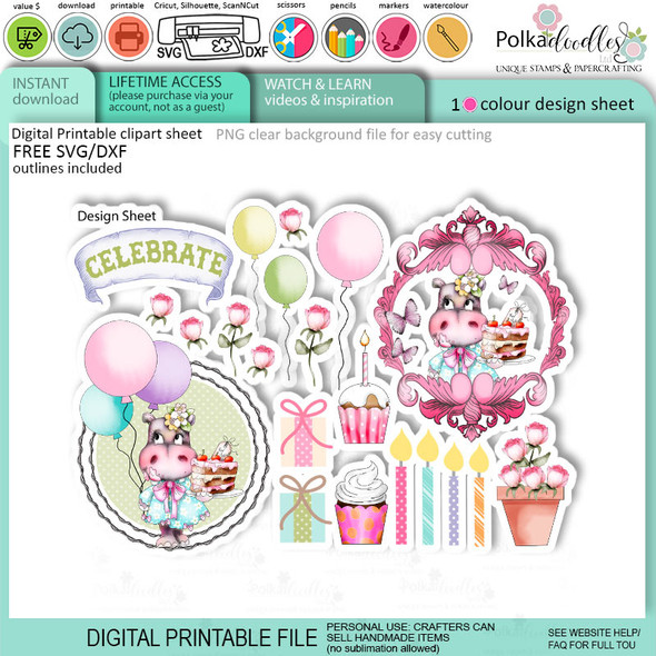 Helga Hippo Quick & easy design sheet template 21. Cute Print and Cut SVG Files for Cricut Silhouette Scan and Cut machines – for handmade cards, cardmaking, crafts
