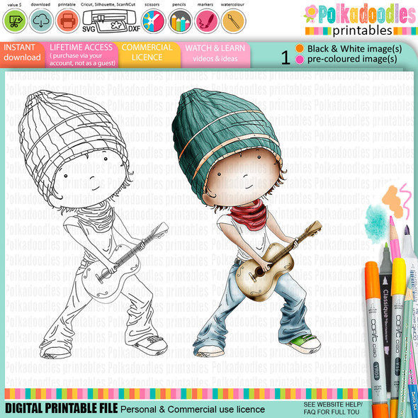 Guitar Music Character  digital stamp & precoloured clipart from Polkadoodles Work & Play 8 Music collection. Perfect for music-themed card making, scrapbooking & printable crafts. Guitar Music Character  digital stamp & precoloured clipart from Polkadoodles Work & Play 8 Music collection. Perfect for music-themed card making, scrapbooking & printable crafts.