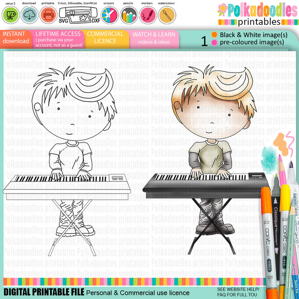 Keyboard Music Character digital stamp & precoloured clipart from Polkadoodles Work & Play 8 Music collection. Perfect for music-themed card making, scrapbooking & printable crafts.