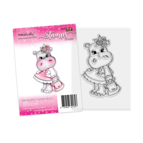 Hello pink handbag Helga Hippo cute clear craft card making stamp for colouring, handmade cards and crafts, scrapbooking