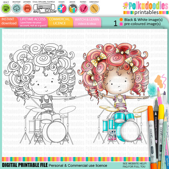 Drummer Girl Music Character Digital Stamp – Work & Play 8 Music Collection
