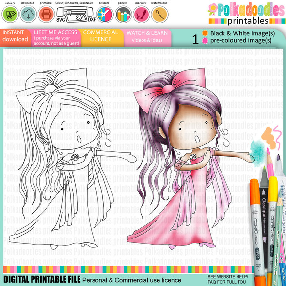 Cute Opera singer Girl Music Character digital stamp & precoloured clipart from Polkadoodles Work & Play 8 Music collection. Perfect for  card making, scrapbooking & printable crafts.