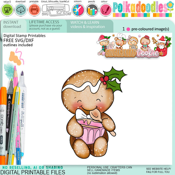 Lick the spoon Christmas Gingerbread Cookie digistamp clipart digital stamps, printables, clipart for card making, craft, junk journals