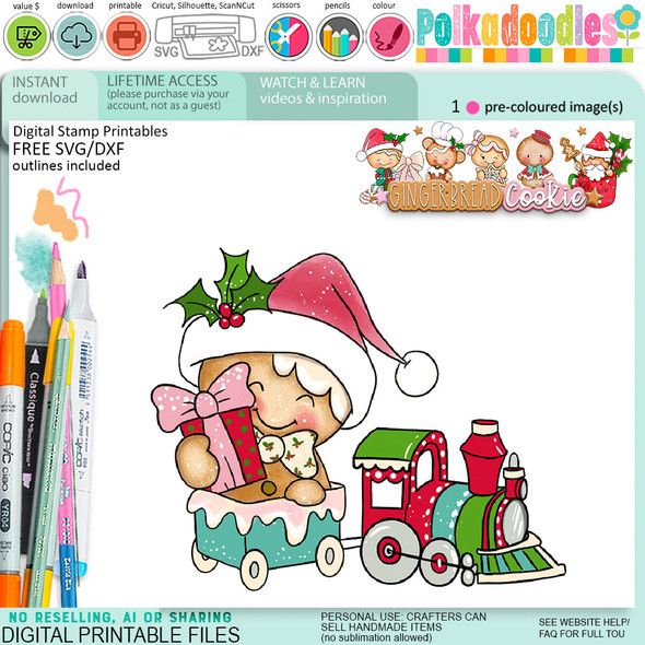 Train Christmas Gingerbread Cookie digistamp clipart digital stamps, printables, clipart for card making, craft, junk journals