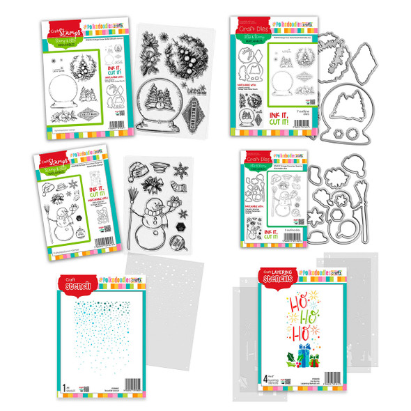 Christmas Vintage Snowglobe Wreath stamps, outline dies and layering stencils bundle for craft card making.