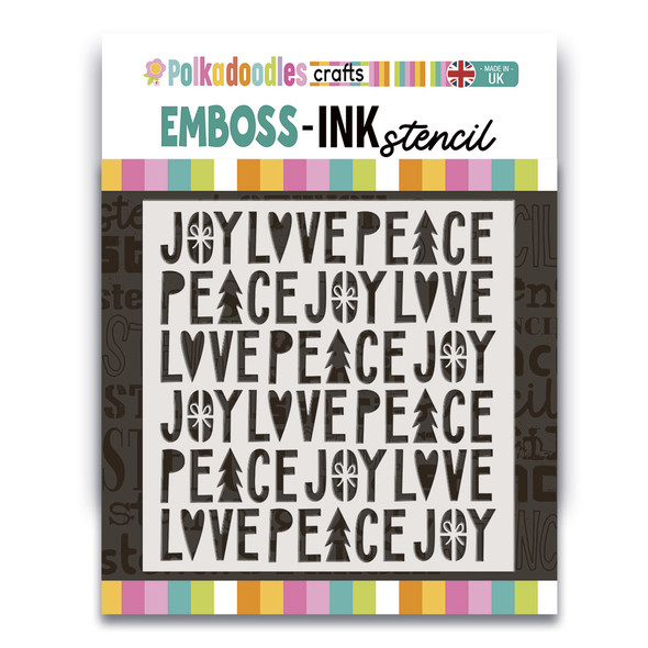 Peace Love Joy 8 x 8" Emboss-ink Stencil - card making, crafts, scrapbooking.