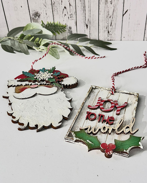 Layered MDF Santa Ornaments & Joy Tags – 4 Pcs Christmas Craft Wood blanks Set. Layered Tags/Ornaments/baubles - MDF wood blanks, plaques and decorations for card making, crafts, scrapbooking.