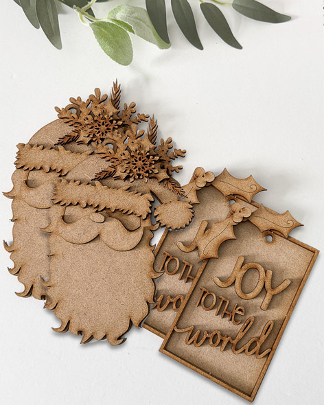 Layered MDF Santa Ornaments & Joy Tags – 4 Pcs Christmas Craft Wood blanks Set. Layered Tags/Ornaments/baubles - MDF wood blanks, plaques and decorations for card making, crafts, scrapbooking.