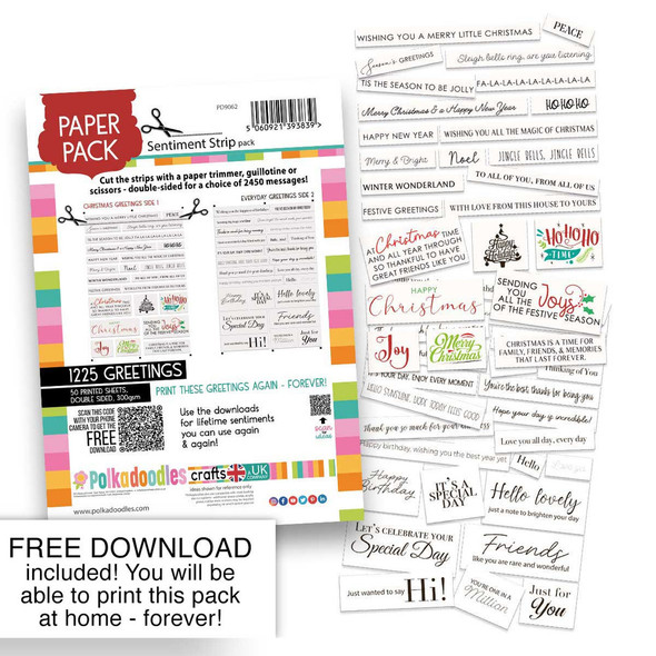 Christmas & Everyday Sentiment Strip Pack, 300gsm, A5/6x8" – 1225 Printed Greetings, Messages for Crafting, Card Making & Scrapbooking