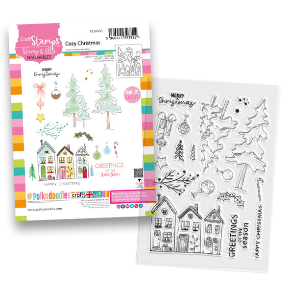 Cozy Christmas Holiday Scandi Houses A5/6 x 8" craft clear stamps and dies bundle – card Making, crafts, scrapbooking.