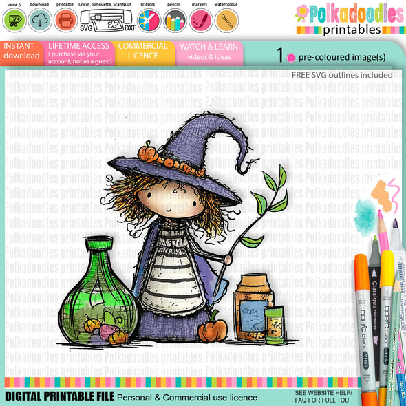 Witch with Potions - cute digital colour clipart craft digital stamp Halloween Fall Autumn Witches with Broomsticks - Card Making, Scrapbooking, Junk Journal, svg, stickers