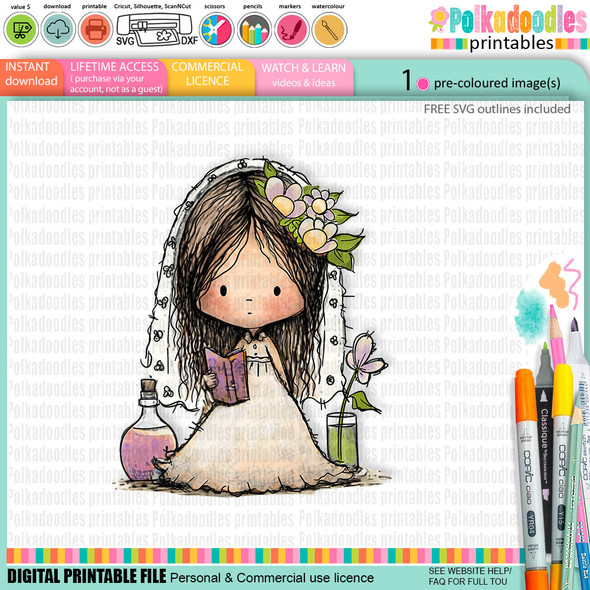 Spooky Witch Bride -cute digital colour clipart craft digital stamp Halloween Fall Autumn Witches with Broomsticks - Card Making, Scrapbooking, Junk Journal, svg, stickers
