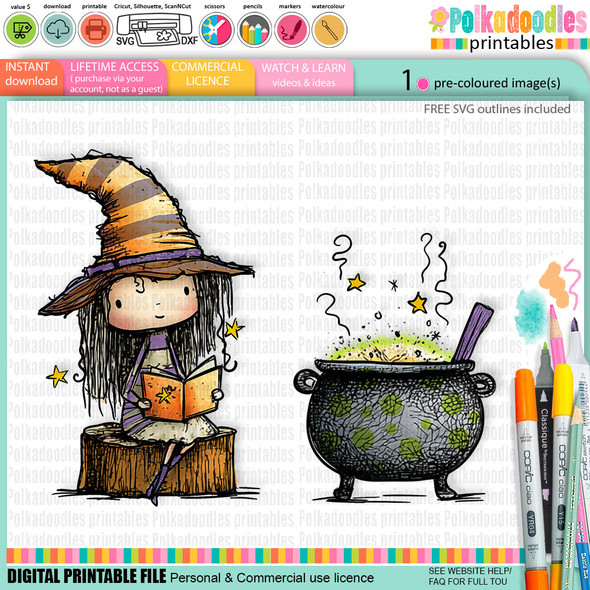 Witch with cauldron - cute digital colour clipart craft digital stamp Halloween Fall Autumn Witches with Broomsticks - Card Making, Scrapbooking, Junk Journal, svg, stickers.