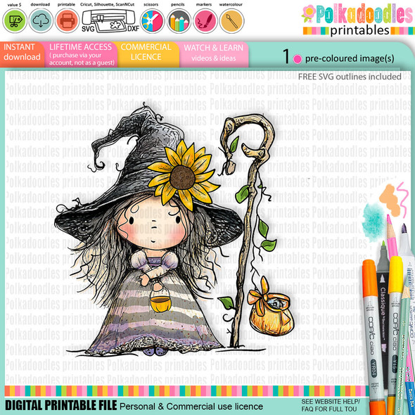 Witch with Sunflower hat - cute digital colour clipart craft digital stamp Halloween Fall Autumn Witches with Broomsticks - Card Making, Scrapbooking, Junk Journal, svg, stickers.