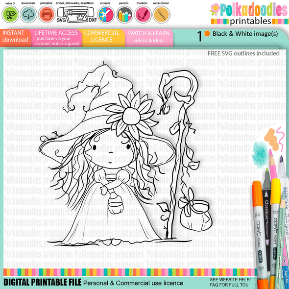 Witch with Sunflower Hat - cute craft digital stamp Halloween Fall Autumn Witches with Broomsticks - Card Making, Scrapbooking, Junk Journal, svg, stickers.