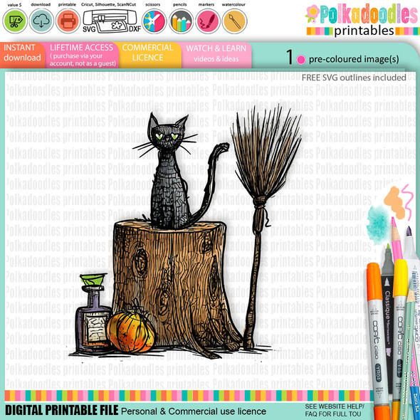 Tree Stump Witches Cat Broomstick -cute digital colour clipart craft digital stamp Halloween Fall Autumn Witches with Broomsticks - Card Making, Scrapbooking, Junk Journal, svg, stickers