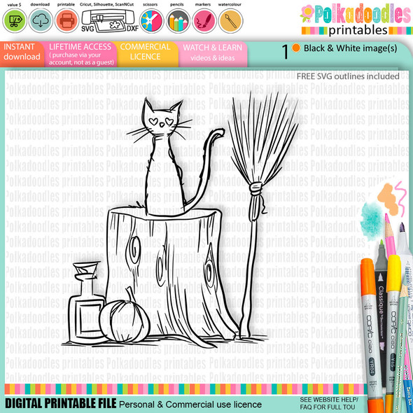 Tree stump Witches cat broomstick - cute craft digital stamp Halloween Fall Autumn Witches with Broomsticks - Card Making, Scrapbooking, Junk Journal, svg, stickers.