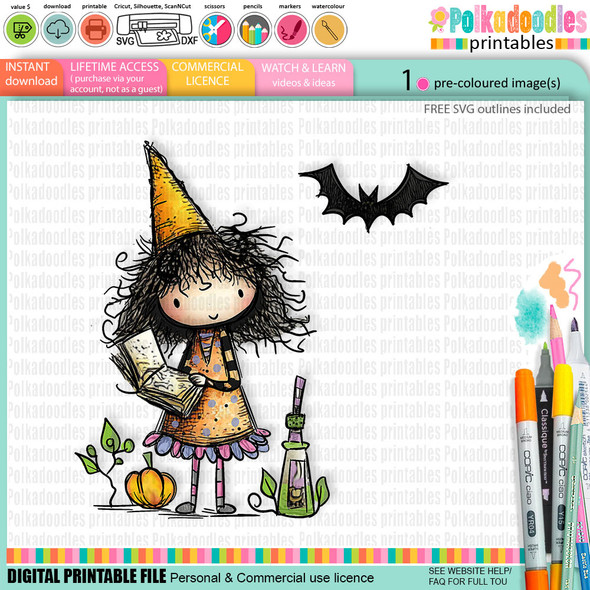 Witch with Bat -cute digital colour clipart craft digital stamp Halloween Fall Autumn Witches with Broomsticks - Card Making, Scrapbooking, Junk Journal, svg, stickers