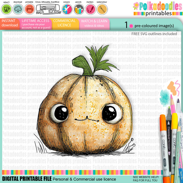 Happy Pumpkin -cute digital colour clipart craft digital stamp Halloween Fall Autumn Witches with Broomsticks - Card Making, Scrapbooking, Junk Journal, svg, stickers