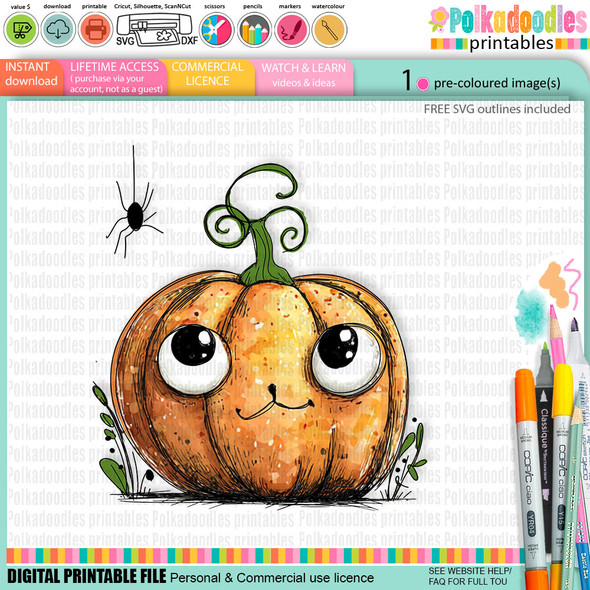 Pumpkin Spider -cute digital colour clipart craft digital stamp Halloween Fall Autumn Witches with Broomsticks - Card Making, Scrapbooking, Junk Journal, svg, stickers.
