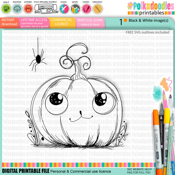 Pumpkin Spider - cute craft digital stamp Halloween Fall Autumn Witches with Broomsticks - Card Making, Scrapbooking, Junk Journal, svg, stickers.