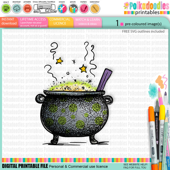 Witch Cauldron - cute digital colour clipart craft digital stamp Halloween Fall Autumn Witches with Broomsticks - Card Making, Scrapbooking, Junk Journal, svg, stickers.