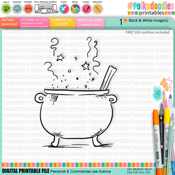 Witch Cauldron - cute craft digital stamp Halloween Fall Autumn Witches with Broomsticks - Card Making, Scrapbooking, Junk Journal, svg, stickers.