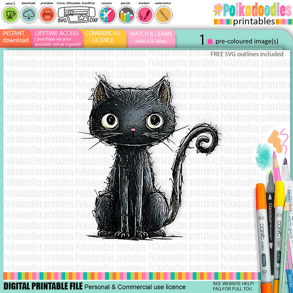 Witch scruffy cat - cute digital colour clipart craft digital stamp Halloween Fall Autumn Witches with Broomsticks - Card Making, Scrapbooking, Junk Journal, svg, stickers.