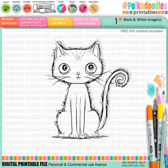 Witch scruffy cat - cute craft digital stamp Halloween Fall Autumn Witches with Broomsticks - Card Making, Scrapbooking, Junk Journal, svg, stickers.