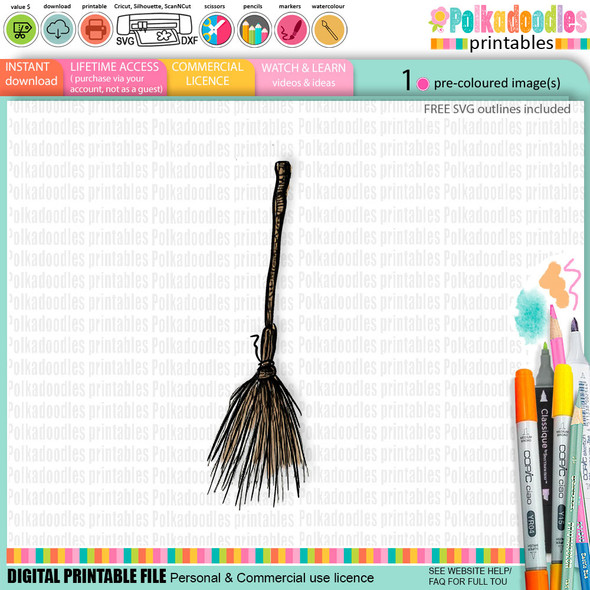 Broomstick - cute digital colour clipart craft digital stamp Halloween Fall Autumn Witches with Broomsticks - Card Making, Scrapbooking, Junk Journal, svg, stickers.