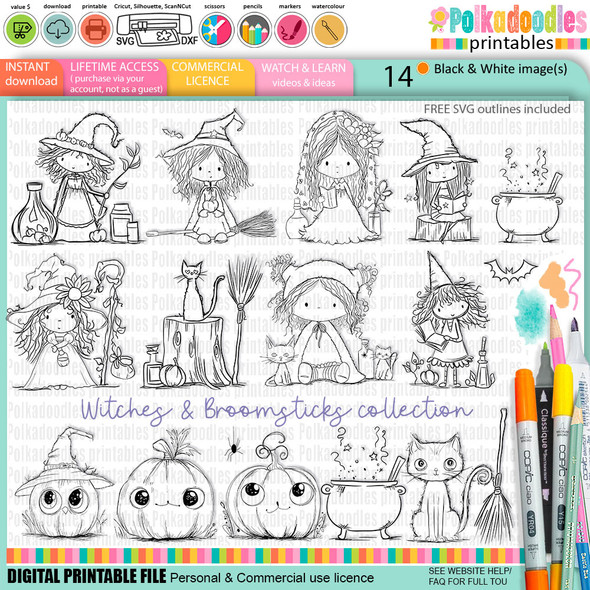 Witches and Broomsticks bundle - 14 cute craft digital stamp Halloween Fall Autumn Witches with Broomsticks - Card Making, Scrapbooking, Junk Journal, svg, stickers