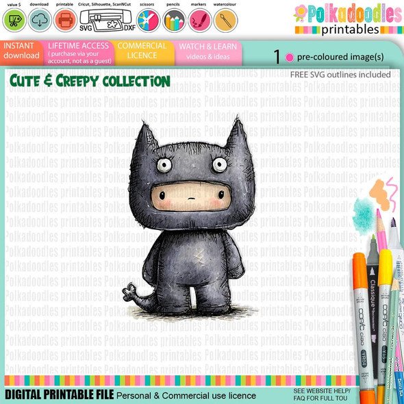Creepy Creatures BatBoy costume dressup - cute digital color clipart for Halloween, fall, and autumn craft projects including card making, scrapbooking, junk journals, SVG files, stickers, and digital stamps.