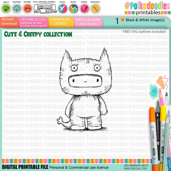 Creepy Creatures Bat Boy dress up costume digital stamp, cute and creepy Halloween fall autumn craft illustration for card making, scrapbooking, junk journal, SVG, stickers.
