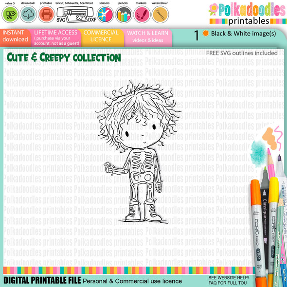 Skeleton Boy dress up costume - cute craft digital stamp Halloween Fall Autumn Cute & Creepy - Card Making, Scrapbooking, Junk Journal, svg, stickers.