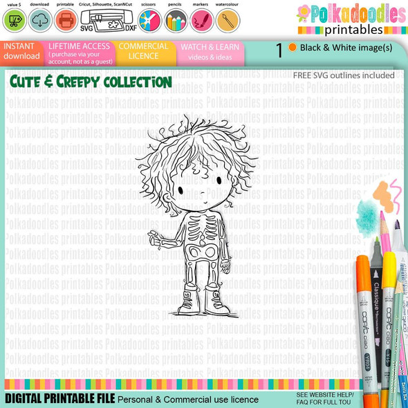 Creepy Creatures Skeleton Boy dress up costume - cute craft digital stamp for Halloween and fall, featuring a cartoon skeleton boy with messy hair, bones visible on his skull, arms, and legs, designed for card making, scrapbooking, junk journaling, SVG, stickers, and printable craft projects.