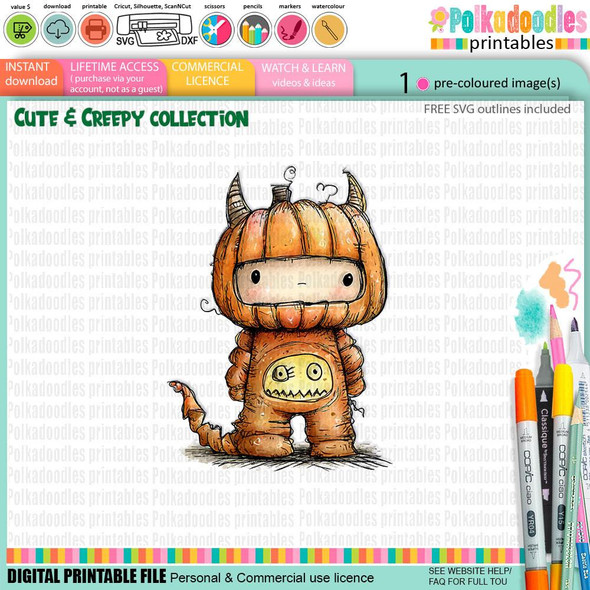 Creepy Creatures Pumpkin Boy costume dressup - cute digital color clipart for Halloween and fall craft projects, including card making, scrapbooking, junk journaling, SVG files, stickers, with witch motifs and broomstick.