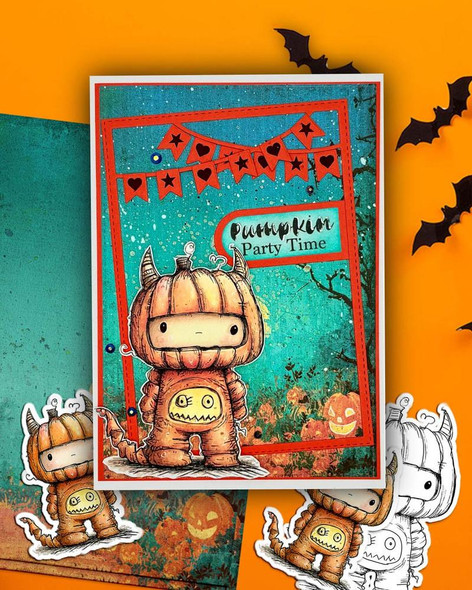 Creepy Creatures Pumpkin Boy dress up costume - cute craft digital stamp Halloween Fall Autumn Cute & Creepy for card making, scrapbooking, junk journal, svg, stickers, featuring a pumpkin-headed monster with horns and a small yellow monster in a spooky Halloween landscape.