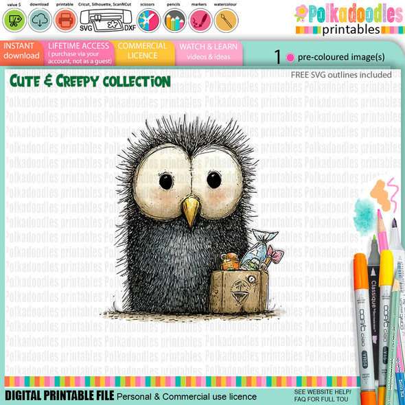 Spooky owl bird - cute digital colour clipart craft digital stamp Halloween Fall Autumn Cute and Creepy - Card Making, Scrapbooking, Junk Journal, svg, stickers.