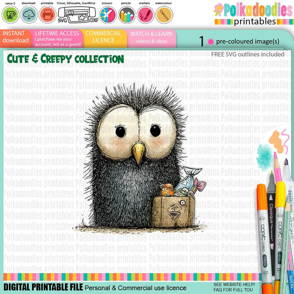 Creepy Creatures Spooky owl bird digital clipart, cute owl illustration with large eyes and fluffy feathers, designed for Halloween and autumn crafts, card making, scrapbooking, junk journaling, SVG, stickers.