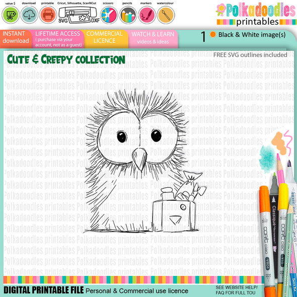 Spooky owl bird - cute craft digital stamp Halloween Fall Autumn Cute & Creepy - Card Making, Scrapbooking, Junk Journal, svg, stickers.
