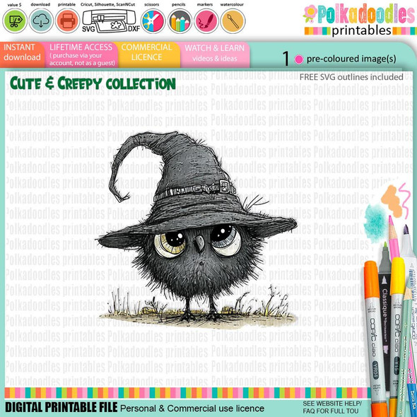 Creepy Creatures Creepy bird in a hat - cute digital colour clipart for craft, Halloween, Fall, Autumn, witches with broomsticks, suitable for card making, scrapbooking, junk journal, SVG, stickers.