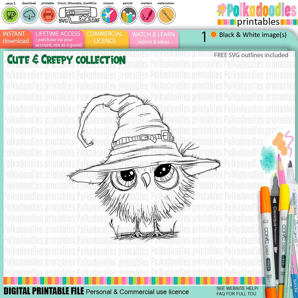 Creepy Creatures Creepy Bird in a hat - cute craft digital stamp Halloween Fall Autumn for card making, scrapbooking, junk journaling, SVG, stickers, featuring an owl wearing a wide-brimmed, slightly tilted hat with a buckle, style is cute and creepy