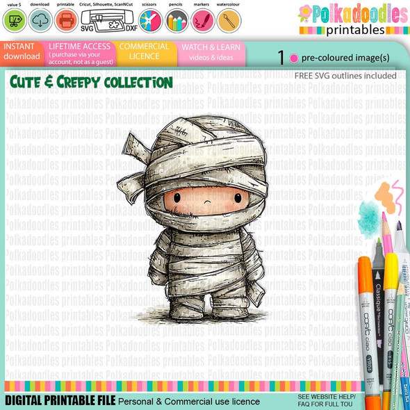Creepy Creatures Mummy Dress up costume digital clipart - cute cartoon mummy in bandages holding a broomstick, suitable for Halloween crafts, card making, scrapbooking, junk journaling, SVG, stickers, and fall seasonal projects.