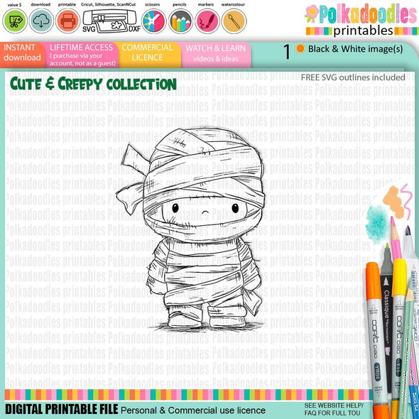 Creepy Creatures Mummy Dress up costume - cute craft digital stamp Halloween Fall Autumn, a black and white line drawing of a cute mummy character with bandages wrapped around its body and head, large eyes, suitable for card making, scrapbooking, junk journals, SVG files, stickers.